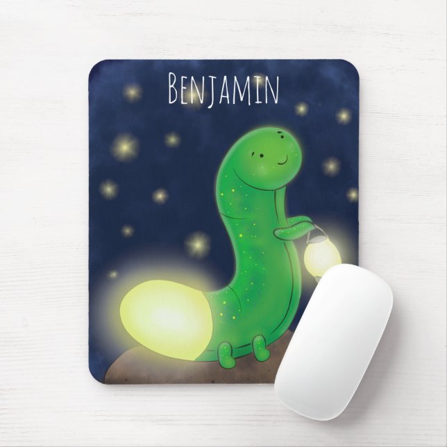 Cute green glow worm cartoon illustration mouse pad (With Mouse)