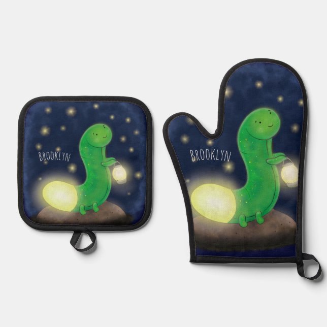 Cute green glow worm cartoon illustration oven mitt & pot holder set (Front)