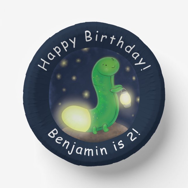 Cute green glow worm cartoon illustration paper plate (Front)