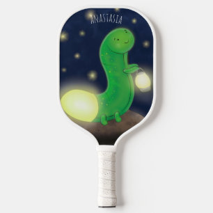 Cute green glow worm cartoon illustration pickleball paddle
