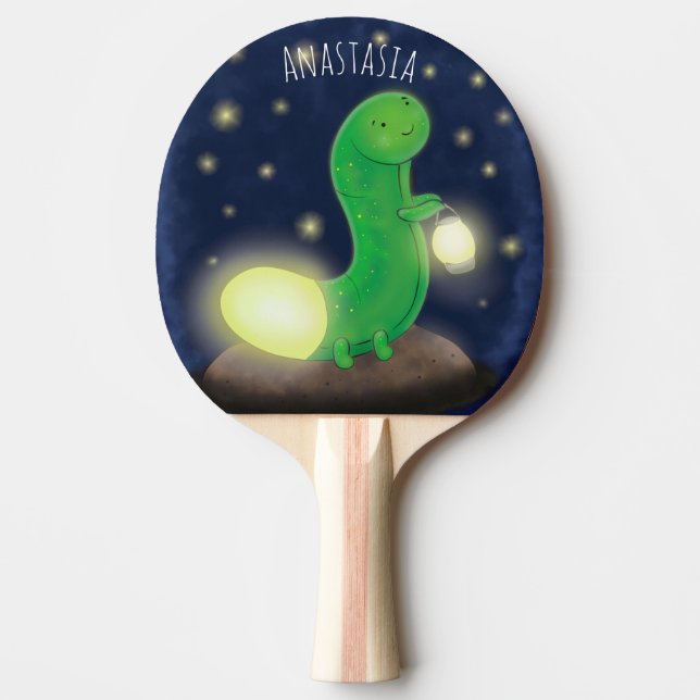 Cute green glow worm cartoon illustration ping pong paddle (Front)