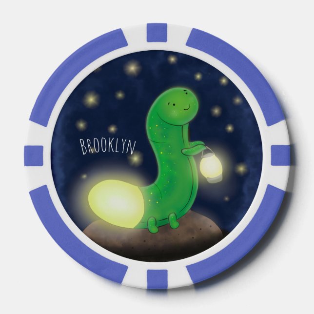 Cute green glow worm cartoon illustration poker chips (Front)
