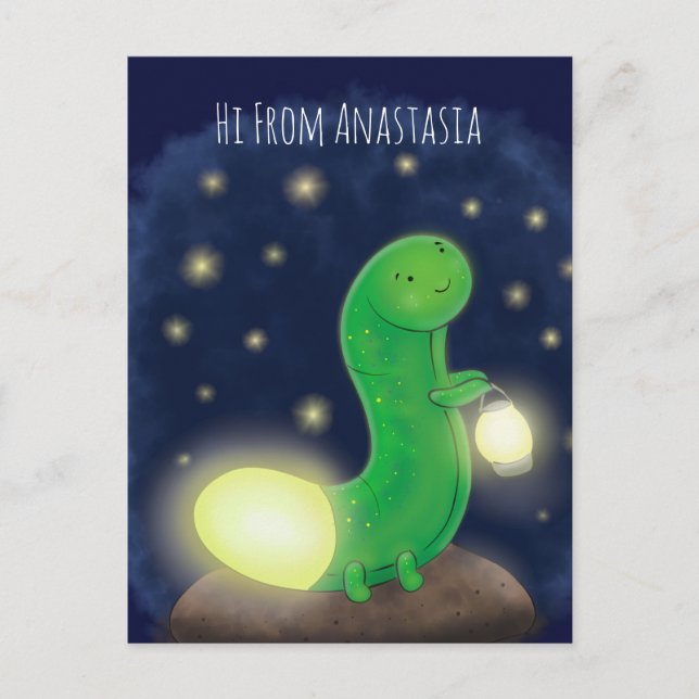 Cute green glow worm cartoon illustration postcard (Front)