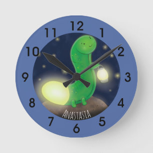 Cute green glow worm cartoon illustration round clock