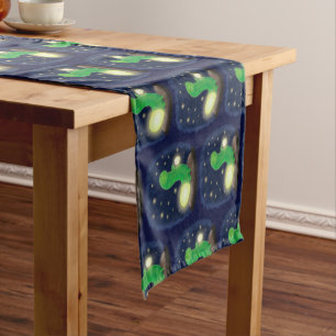Cute green glow worm cartoon illustration short table runner
