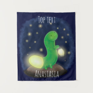 Cute green glow worm cartoon illustration tapestry