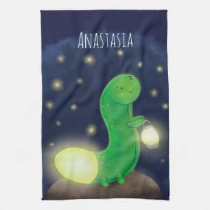 Cute green glow worm cartoon illustration tea towel