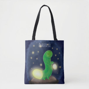 Cute green glow worm cartoon illustration tote bag