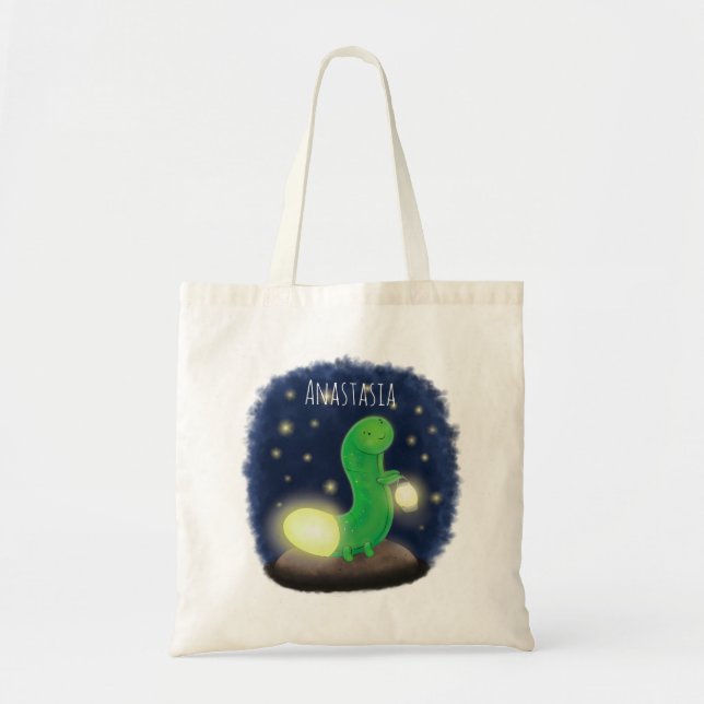 Cute green glow worm cartoon illustration tote bag (Front)