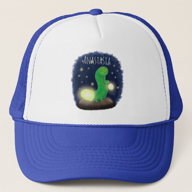 Cute green glow worm cartoon illustration trucker hat (Front)