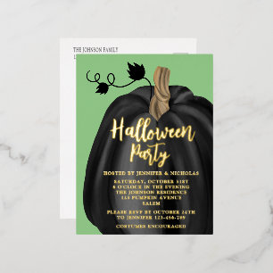 Cute Green Gold Pumpkin Halloween Party Foil Invitation Postcard