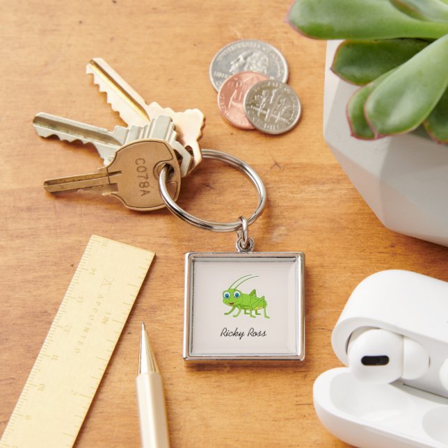 Cute green grasshopper purple key ring (Desk)