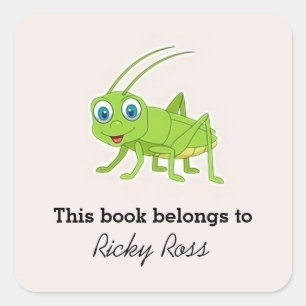 Cute green grasshopper purple square sticker