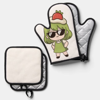 Cute Green Hair Anime Chibi Girl Thermal Travel Oven Mitt & Pot Holder Set