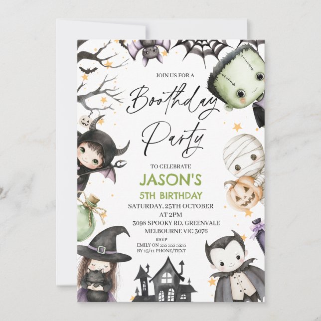Cute Green Halloween Boys Boothday Party Birthday Invitation (Front)