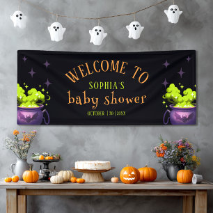 Cute Green Halloween Cauldron Baby Shower Welcome Banner