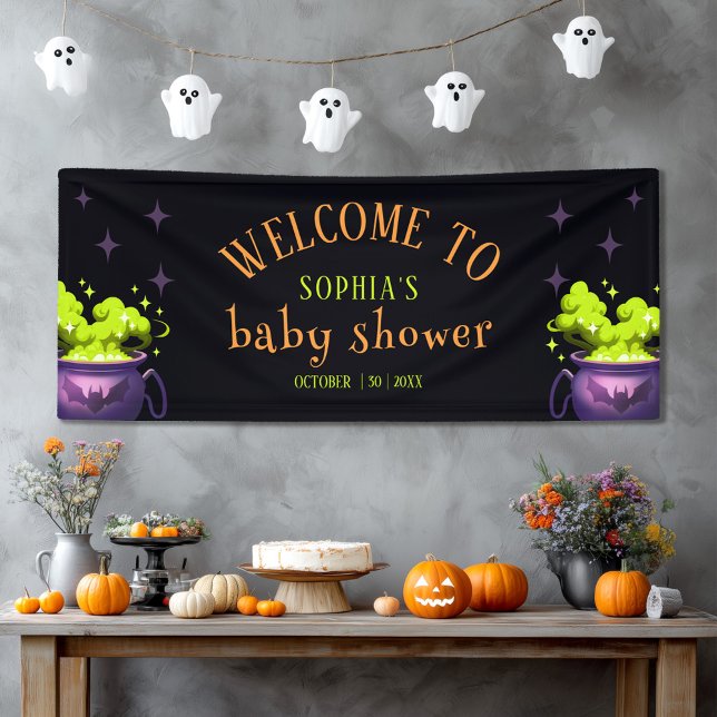 Cute Green Halloween Cauldron Baby Shower Welcome Banner (Creator Uploaded)