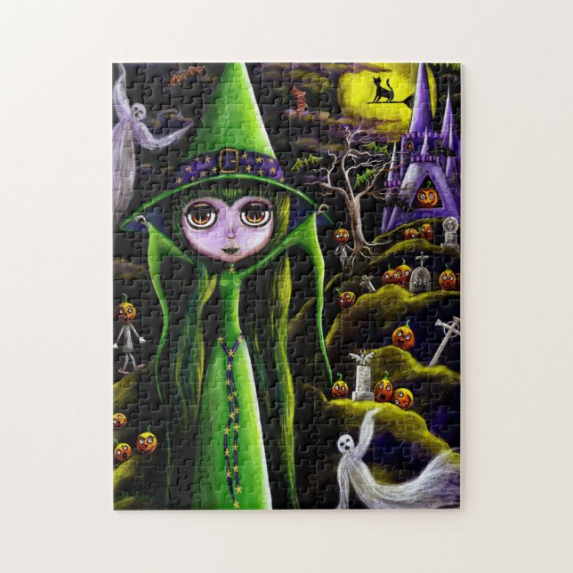 Cute Green Halloween Witch Ghosts Pumpkins Castle Jigsaw Puzzle (Vertical)