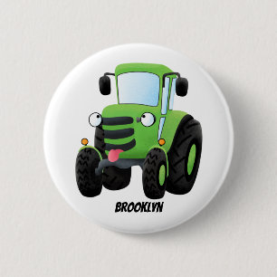 Cute green happy farm tractor cartoon illustration 6 cm round badge