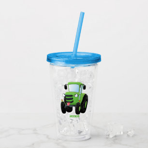 Cute green happy farm tractor cartoon illustration acrylic tumbler