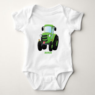 Cute green happy farm tractor cartoon illustration baby bodysuit