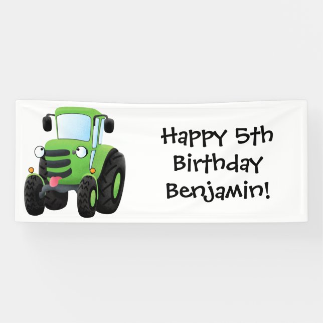 Cute green happy farm tractor cartoon illustration banner (Horizontal)
