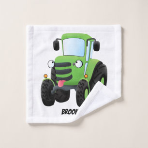 Cute green happy farm tractor cartoon illustration bath towel set