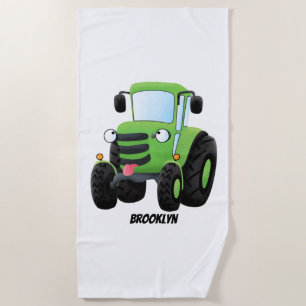 Cute green happy farm tractor cartoon illustration beach towel