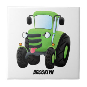 Cute green happy farm tractor cartoon illustration ceramic tile