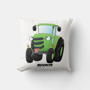 Cute green happy farm tractor cartoon illustration cushion