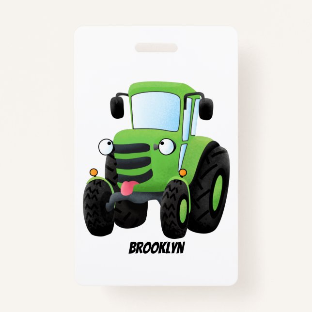 Cute green happy farm tractor cartoon illustration ID badge (Front)
