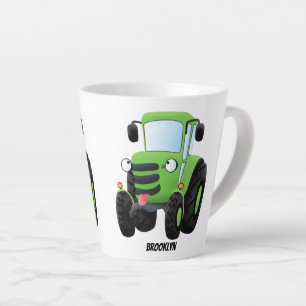 Cute green happy farm tractor cartoon illustration latte mug