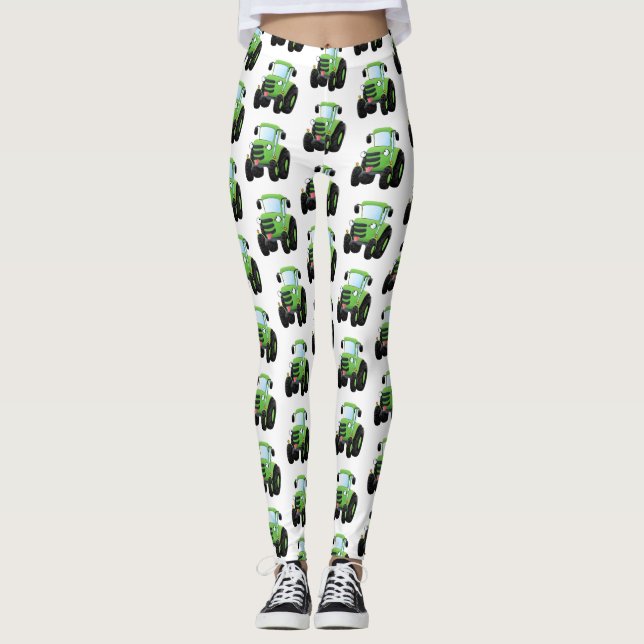 Cute green happy farm tractor cartoon illustration leggings (Front)