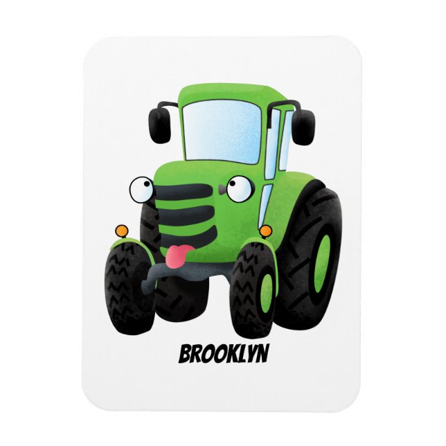 Cute green happy farm tractor cartoon illustration magnet (Vertical)