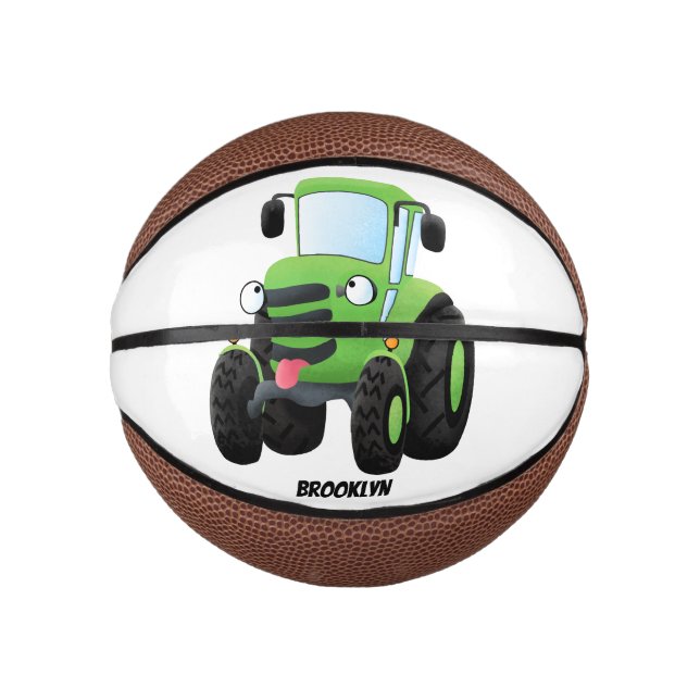 Cute green happy farm tractor cartoon illustration mini basketball (Front)