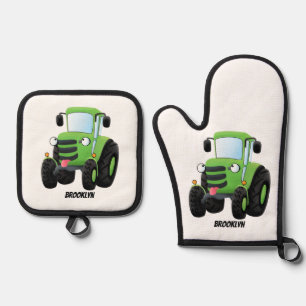 Cute green happy farm tractor cartoon illustration oven mitt & pot holder set