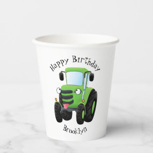 Cute green happy farm tractor cartoon illustration paper cups