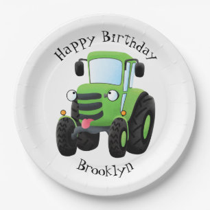 Cute green happy farm tractor cartoon illustration paper plate