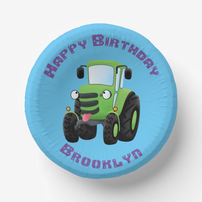 Cute green happy farm tractor cartoon illustration paper plate (Front)