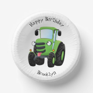 Cute green happy farm tractor cartoon illustration paper plate