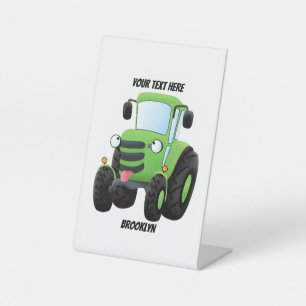 Cute green happy farm tractor cartoon illustration pedestal sign