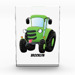 Cute green happy farm tractor cartoon illustration photo block