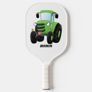 Cute green happy farm tractor cartoon illustration pickleball paddle
