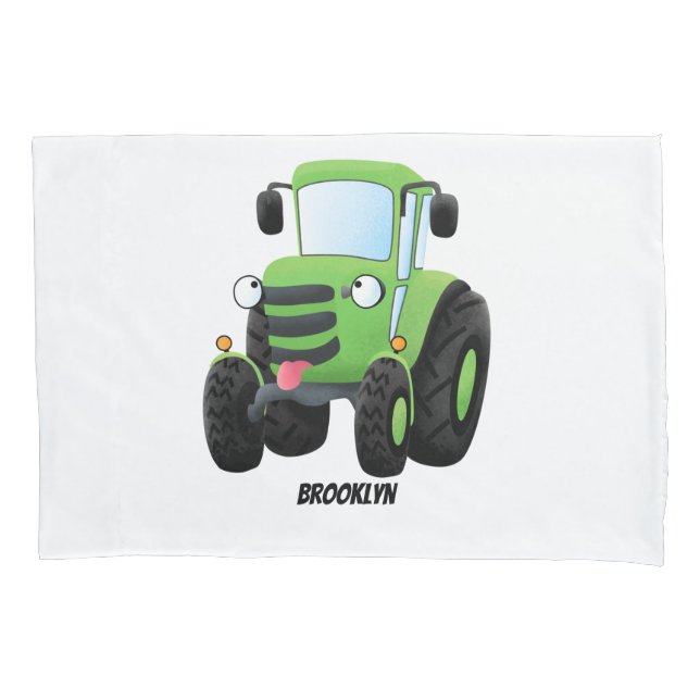 Cute green happy farm tractor cartoon illustration pillowcase (Front)