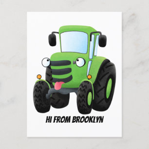 Cute green happy farm tractor cartoon illustration postcard