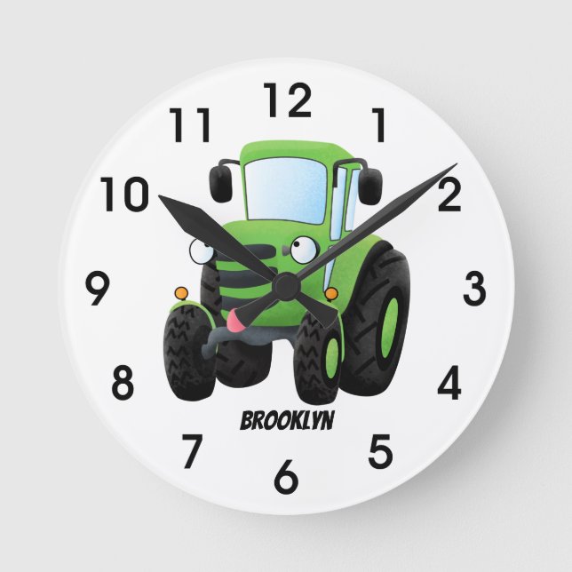 Cute green happy farm tractor cartoon illustration round clock (Front)