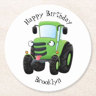 Cute green happy farm tractor cartoon illustration round paper coaster