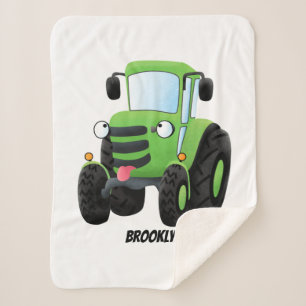 Cute green happy farm tractor cartoon illustration sherpa blanket