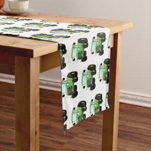 Cute green happy farm tractor cartoon illustration short table runner