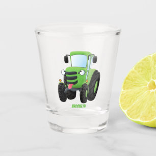 Cute green happy farm tractor cartoon illustration shot glass